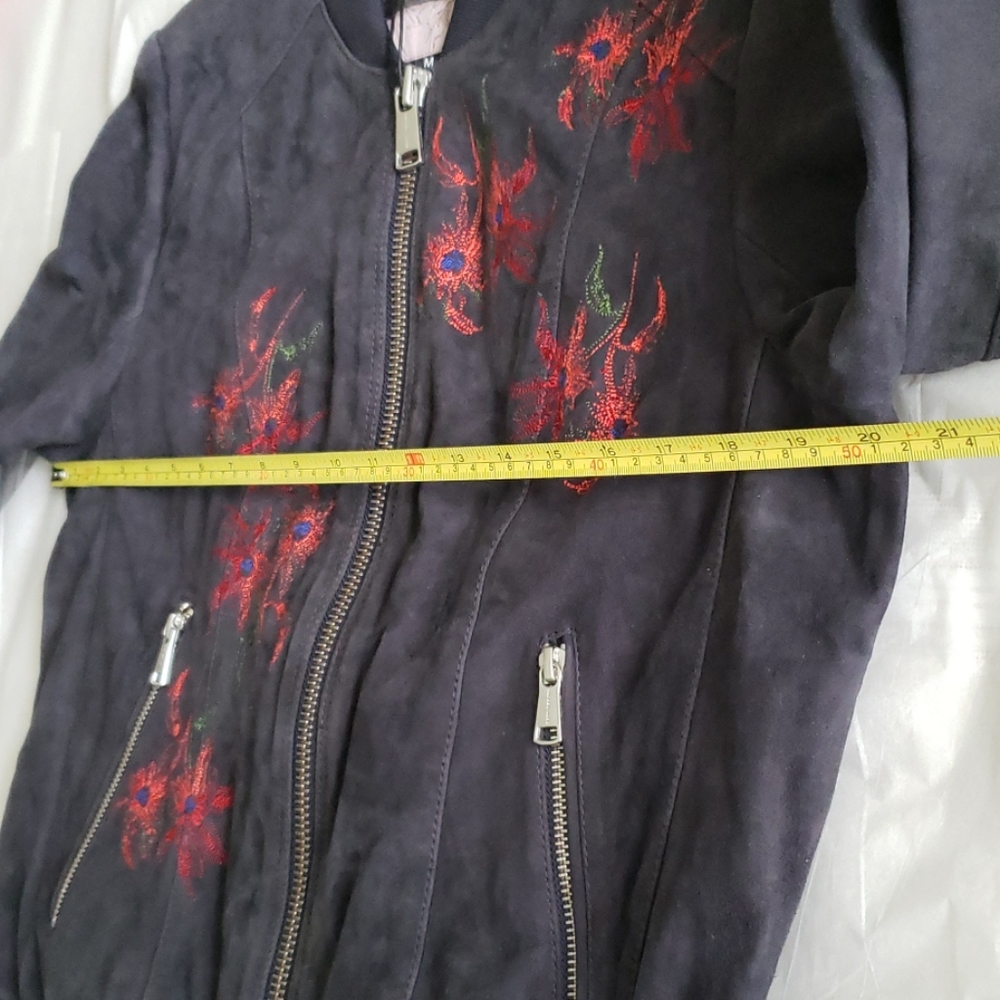 Andrew Marc New Bomber Embroidered Suede Leather Jacket Navy Women's M - Picture 16 of 16